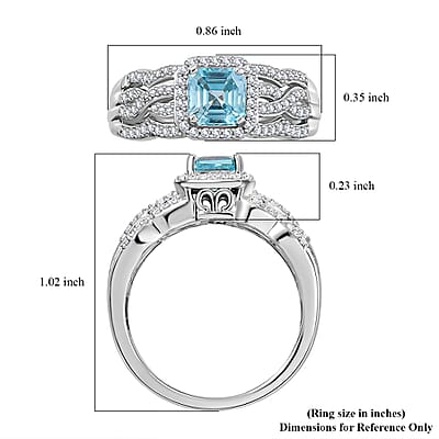 Asscher Cut Cambodian Blue Zircon and Moissanite 1.70 ctw Ocean Breeze Ring in Rhodium Over Sterling Silver (Size 10.0)