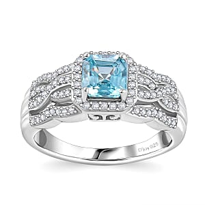 D'Joy Asscher Cut Cambodian Blue Zircon and Moissanite 1.70 ctw Ocean Breeze Ring in Rhodium Over Sterling Silver (Size 7.0)