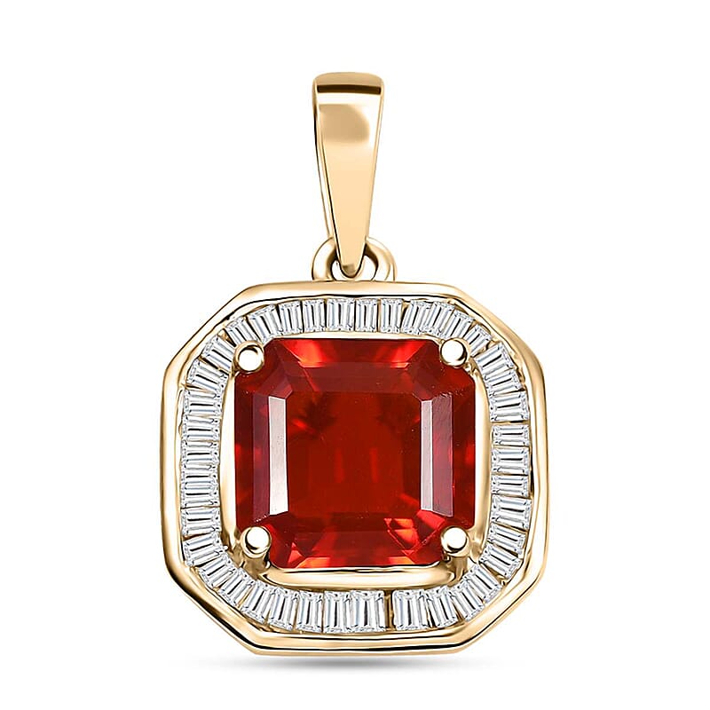 Luxoro Premium Crimson Fire Opal and Diamond 1.85 ctw Halo Pendant without Chain in 10K Yellow Gold