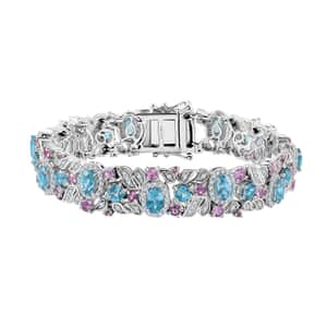 Cambodian Blue Zircon and Multi Gemstone 16.25 ctw Oceanic Bloom Bracelet in Rhodium Over Sterling Silver (6.50 In) (Del. in 8-10 Days)