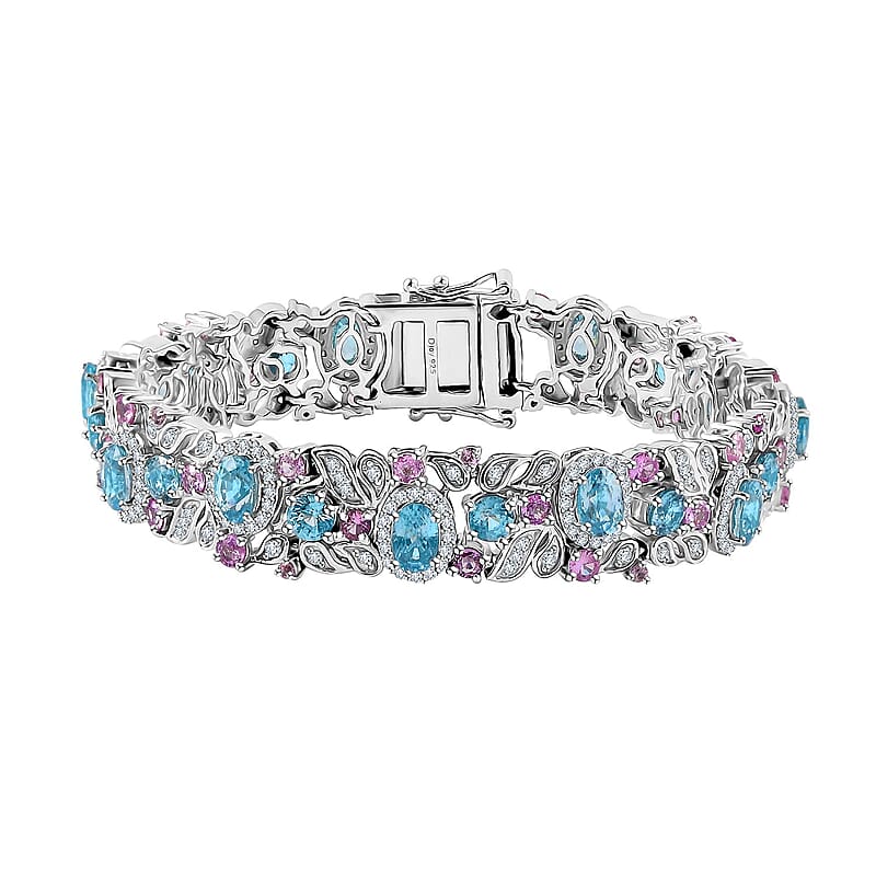 Cambodian Blue Zircon and Multi Gemstone 16.25 ctw Oceanic Bloom Bracelet in Rhodium Over Sterling Silver (6.50 In)