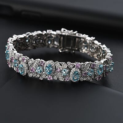 Cambodian Blue Zircon and Multi Gemstone 16.25 ctw Oceanic Bloom Bracelet in Rhodium Over Sterling Silver (6.50 In)