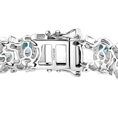Cambodian Blue Zircon and Multi Gemstone 16.25 ctw Oceanic Bloom Bracelet in Rhodium Over Sterling Silver (6.50 In)