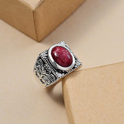D'Joy Norwegian Thulite 7.40 ctw Men's Ring in Black Oxidized Sterling Silver (Size 10.0)