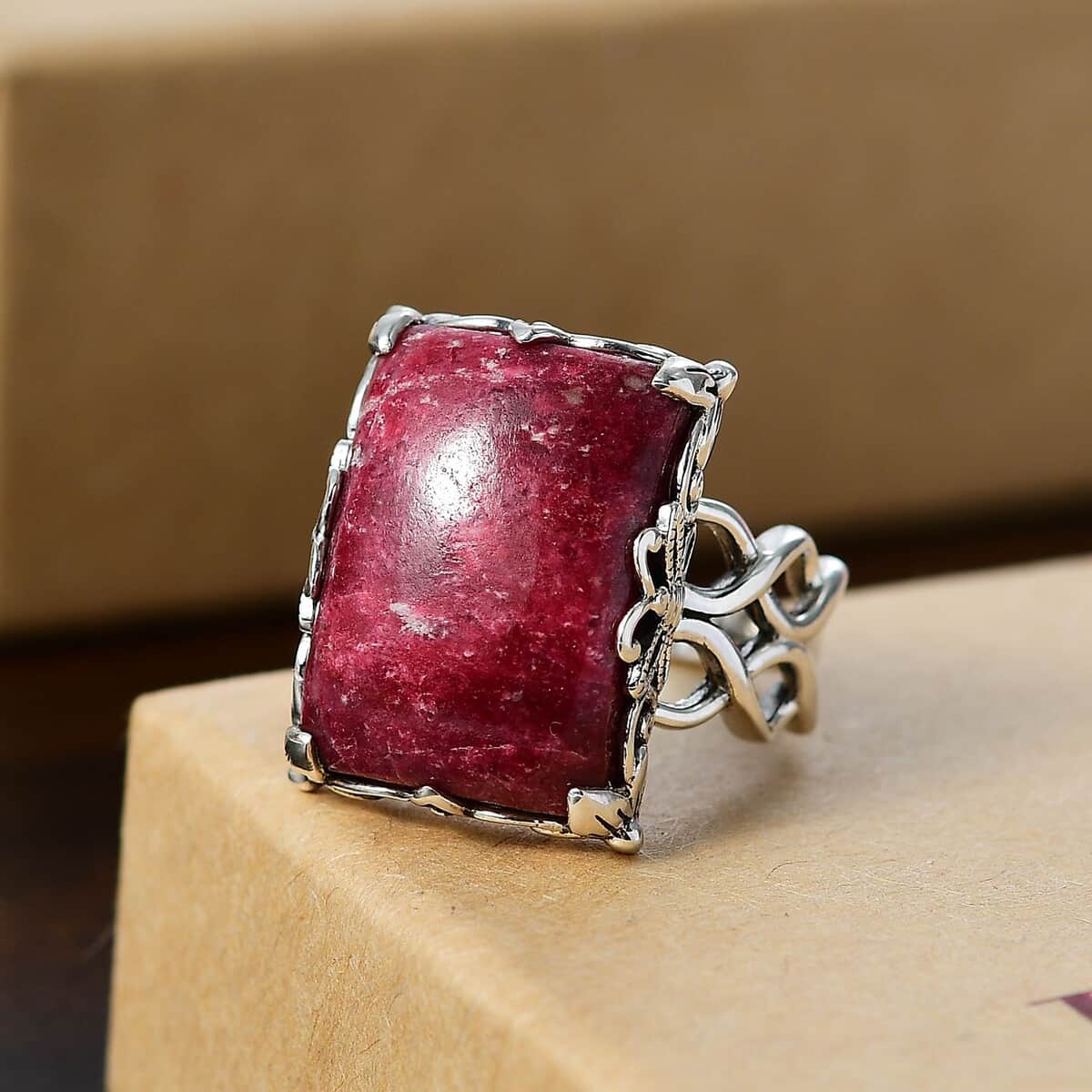 Premium Norwegian Thulite 19.10 ctw Branch Ring in Black Oxidized Sterling Silver (Size 10.0) image number 1