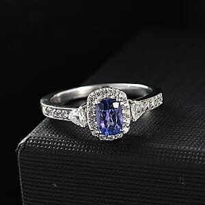 D'Joy Tanzanite and White Zircon 1.15 ctw Ring in Rhodium Over Sterling Silver (Size 6.0)