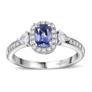 Tanzanite and White Zircon 1.15 ctw Ring in Rhodium Over Sterling Silver (Size 8.0)
