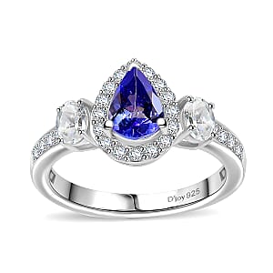 D'Joy Tanzanite and White Zircon 1.40 ctw Ring in Rhodium Over Sterling Silver (Size 5.0)