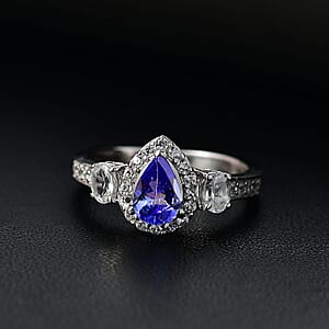 D'Joy Tanzanite and White Zircon 1.40 ctw Ring in Rhodium Over Sterling Silver (Size 5.0)