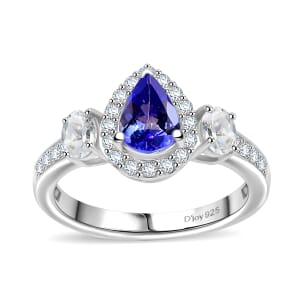 Tanzanite and White Zircon 1.40 ctw Ring in Rhodium Over Sterling Silver (Size 9.0)