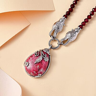 Karis Norwegian Thulite and Orissa Rhodolite Garnet 92.25 ctw Dragon Necklace in Platinum Bond 18 Inches