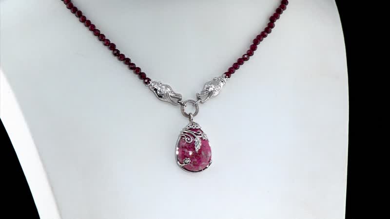 Karis Norwegian Thulite and Orissa Rhodolite Garnet 92.25 ctw Dragon Necklace in Platinum Bond 18 Inches