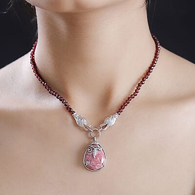 Karis Norwegian Thulite and Orissa Rhodolite Garnet 92.25 ctw Dragon Necklace in Platinum Bond 18 Inches