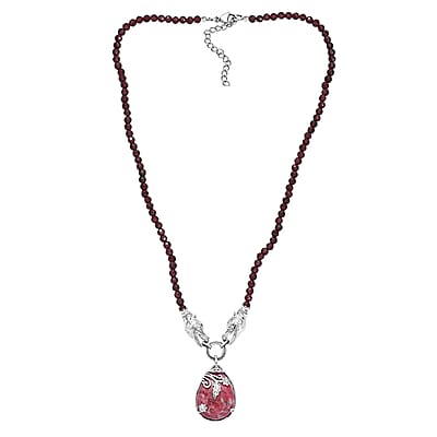 Karis Norwegian Thulite and Orissa Rhodolite Garnet 92.25 ctw Dragon Necklace in Platinum Bond 18 Inches