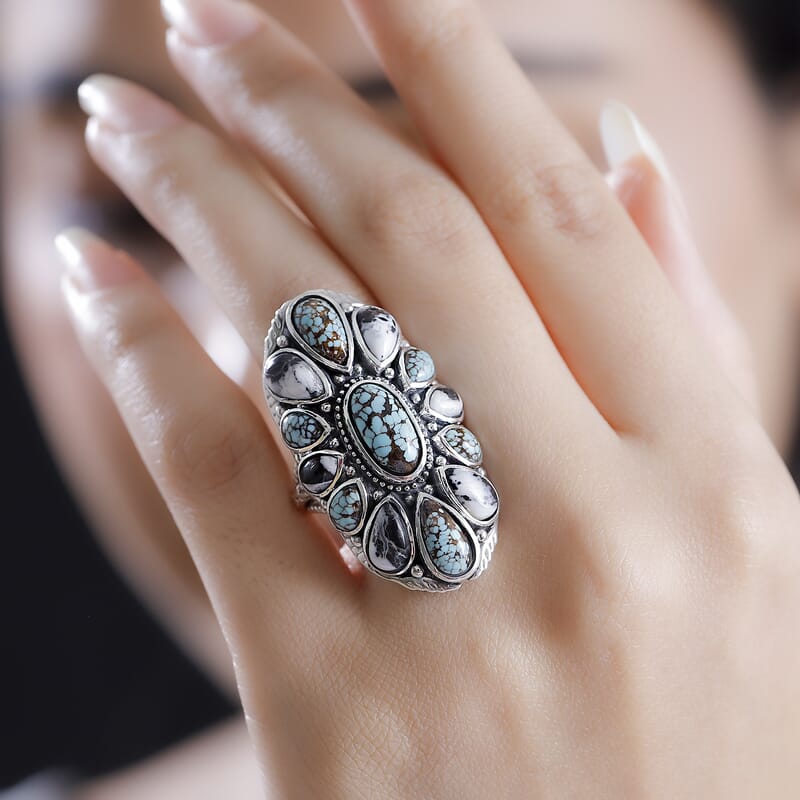 D'Joy Artisan Crafted Blue Horizon Turquoise and White Buffalo 10.10 ctw Ring in Sterling Silver (Size 10.0)