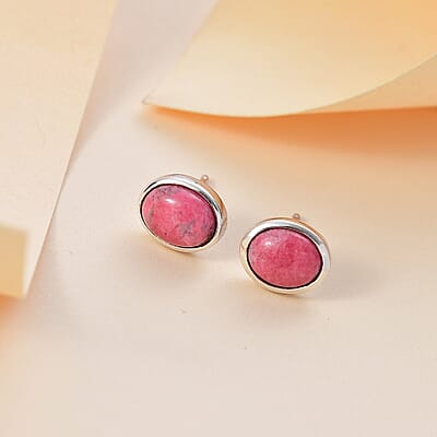 D'Joy Norwegian Thulite 3.00 ctw Stud Earrings in Rhodium Over Sterling Silver
