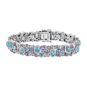 Cambodian Blue Zircon and Multi Gemstone 21.60 ctw Oceanic Bloom Bracelet in Rhodium Over Sterling Silver (8.00 In)
