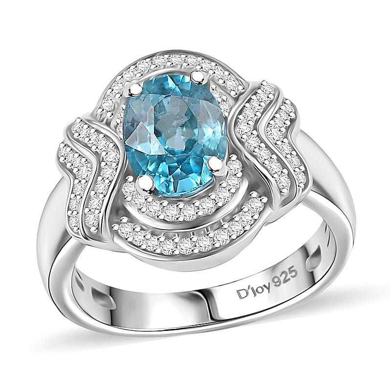 Cambodian Blue Zircon and Moissanite 2.40 ctw Wave Halo Ring in Rhodium Over Sterling Silver (Size 10.0)