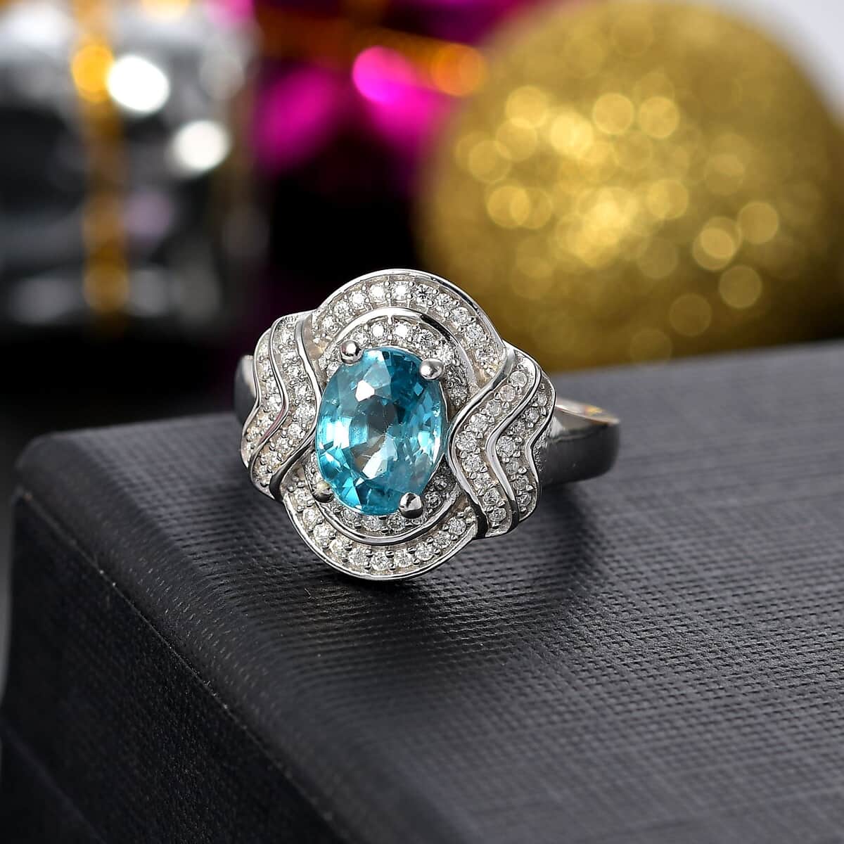 Cambodian Blue Zircon and Moissanite 2.40 ctw Wave Halo Ring in Rhodium Over Sterling Silver (Size 10.0) image number 1