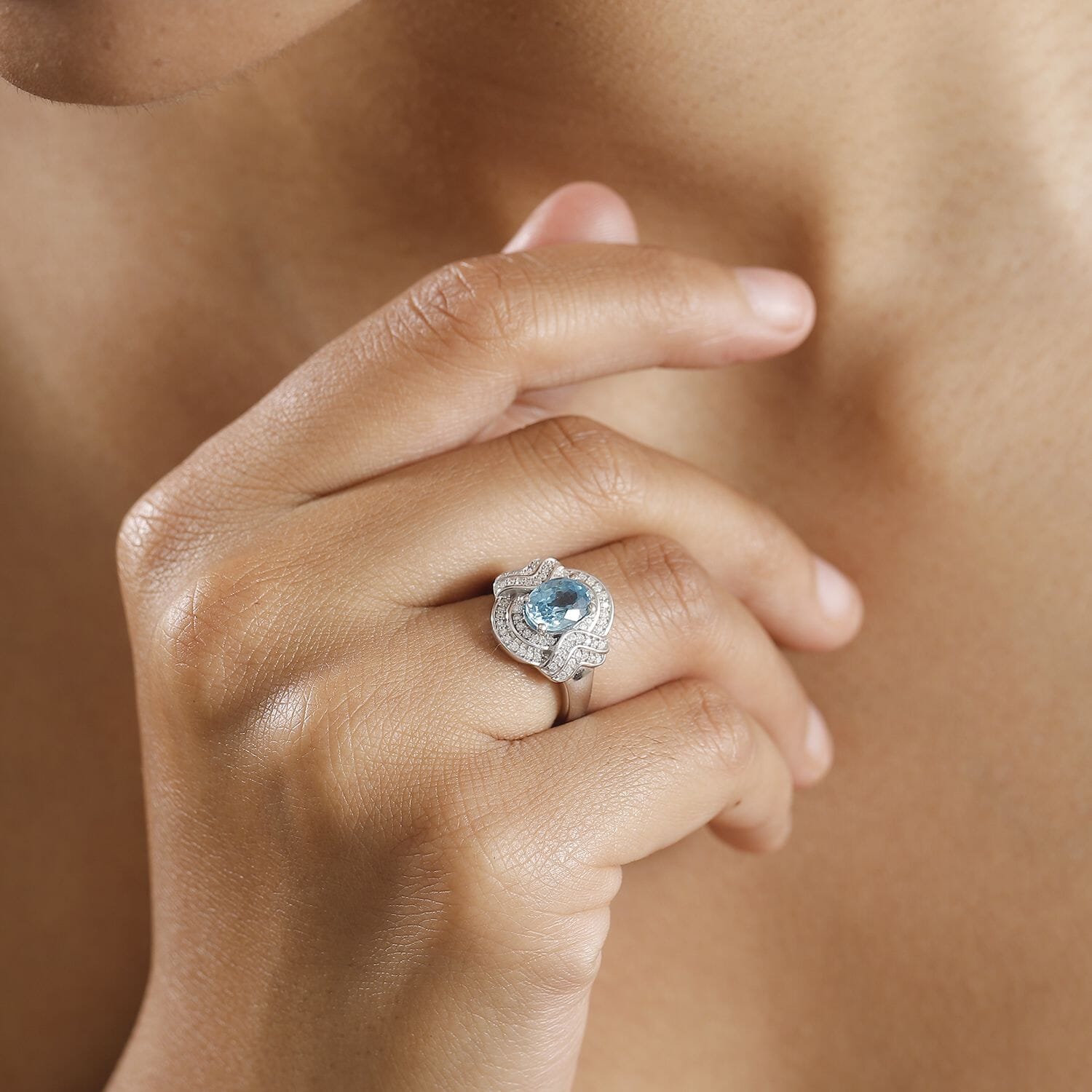 Buy Cambodian Blue Zircon, Moissanite Ring in Rhodium Over
