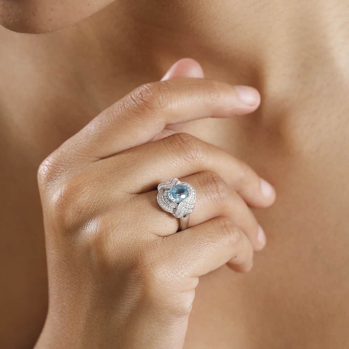 Cambodian Blue Zircon and Moissanite 2.40 ctw Wave Halo Ring in Rhodium Over Sterling Silver (Size 10.0) image number 2