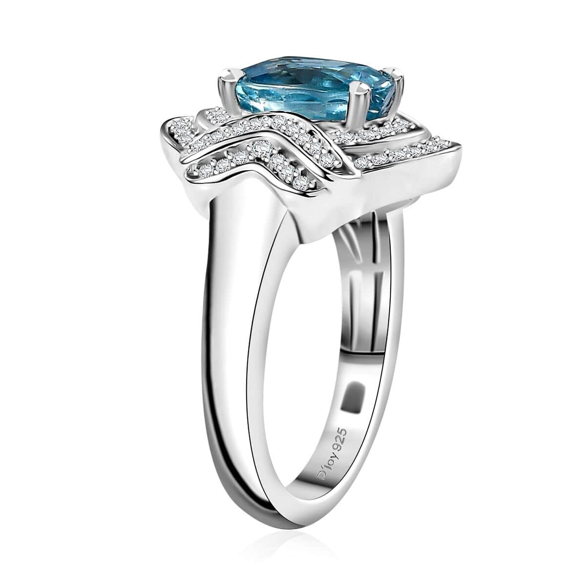 Cambodian Blue Zircon and Moissanite 2.40 ctw Wave Halo Ring in Rhodium Over Sterling Silver (Size 10.0) image number 3