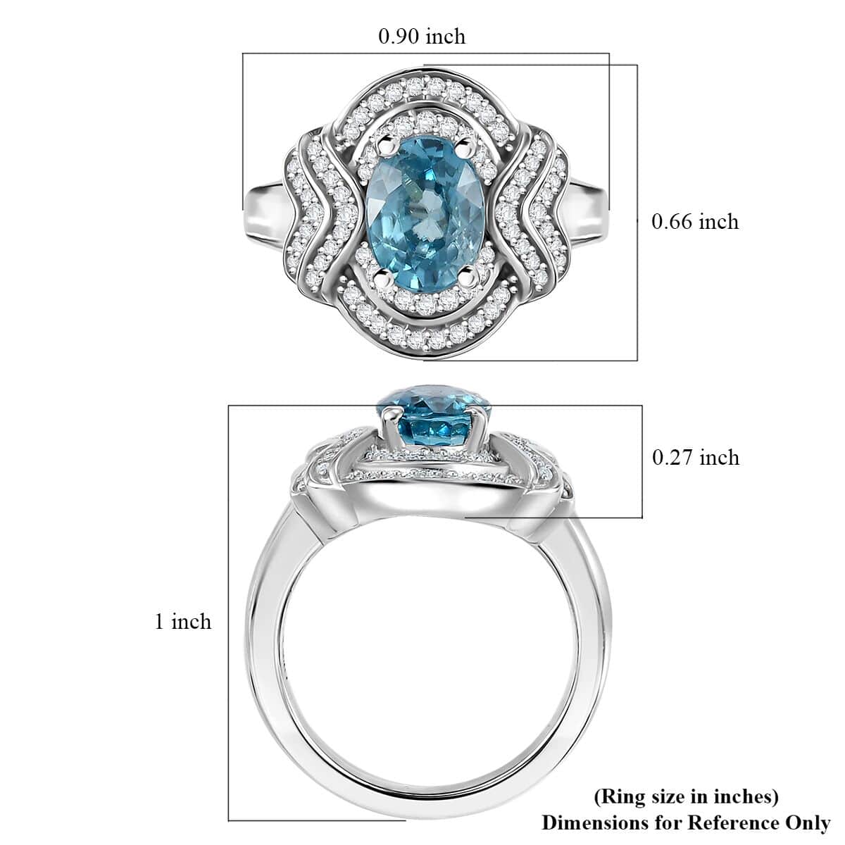 Cambodian Blue Zircon and Moissanite 2.40 ctw Wave Halo Ring in Rhodium Over Sterling Silver (Size 10.0) image number 5