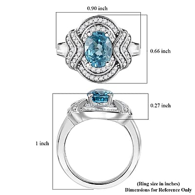 Cambodian Blue Zircon and Moissanite 2.40 ctw Wave Halo Ring in Rhodium Over Sterling Silver (Size 10.0)