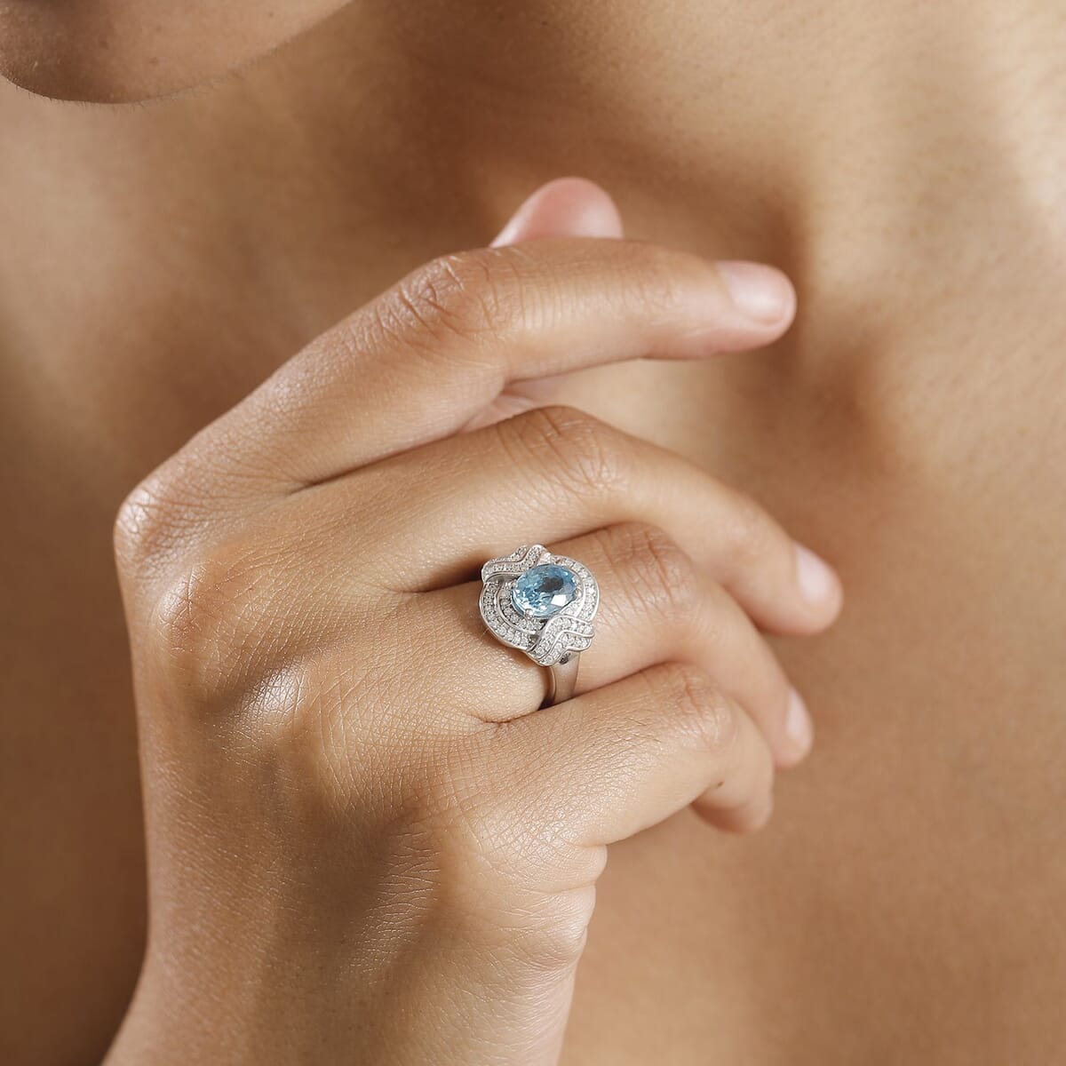 Cambodian Blue Zircon and Moissanite 2.40 ctw Wave Halo Ring in Rhodium Over Sterling Silver (Size 9.0) image number 2