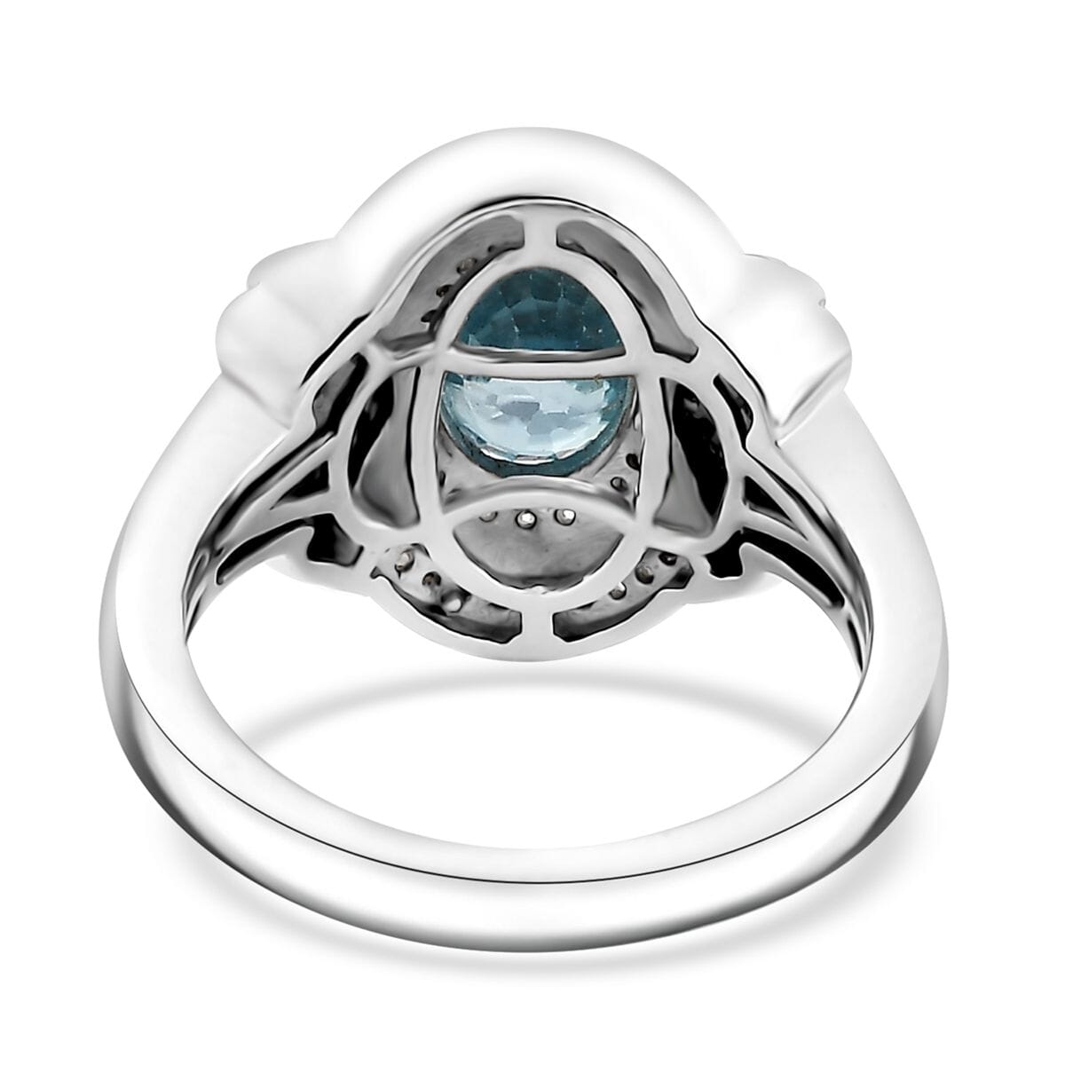 Cambodian Blue Zircon and Moissanite 2.40 ctw Wave Halo Ring in Rhodium Over Sterling Silver (Size 9.0) image number 4