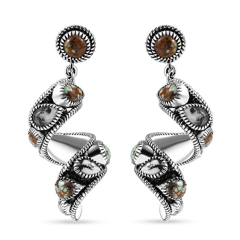 D'Joy Artisan Crafted Blue Horizon Turquoise and White Buffalo 11.70 ctw Earth Spiral Earrings in Black Oxidized Sterling Silver