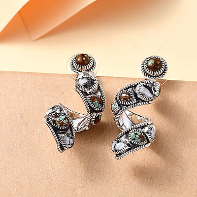 D'Joy Artisan Crafted Blue Horizon Turquoise and White Buffalo 11.70 ctw Earth Spiral Earrings in Black Oxidized Sterling Silver