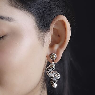 D'Joy Artisan Crafted Blue Horizon Turquoise and White Buffalo 11.70 ctw Earth Spiral Earrings in Black Oxidized Sterling Silver