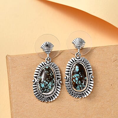 D'Joy Artisan Crafted Blue Horizon Turquoise 5.50 ctw Dangling Earrings in Black Oxidized Sterling Silver