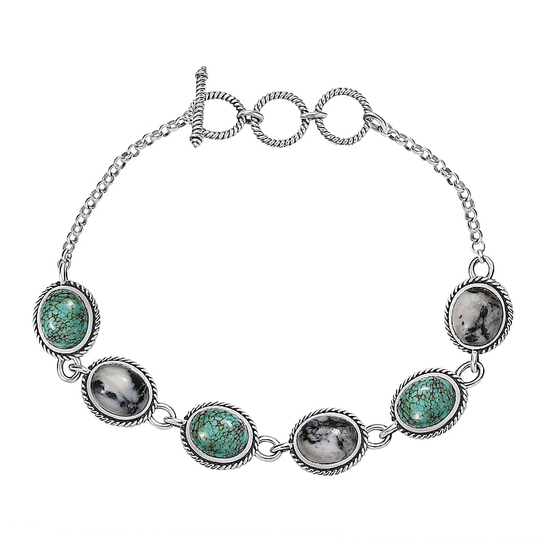 D'Joy Artisan Crafted Blue Horizon Turquoise and White Buffalo 15.80 ctw Toggle Clasp Bracelet in Black Oxidized Sterling Silver (6.50-8.0In) (7.25 In)