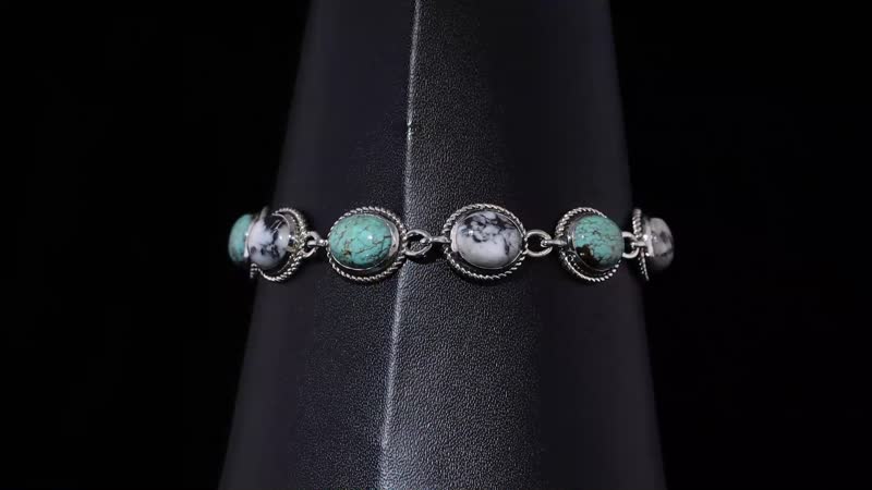 D'Joy Artisan Crafted Blue Horizon Turquoise and White Buffalo 15.80 ctw Toggle Clasp Bracelet in Black Oxidized Sterling Silver (6.50-8.0In) (7.25 In)