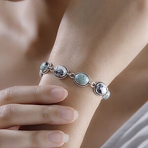 D'Joy Artisan Crafted Blue Horizon Turquoise and White Buffalo 15.80 ctw Toggle Clasp Bracelet in Black Oxidized Sterling Silver (6.50-8.0In) (7.25 In)