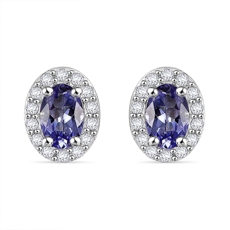 D'Joy Tanzanite and White Zircon 1.15 ctw Solitaire Stud Earring in Rhodium Over Sterling Silver 