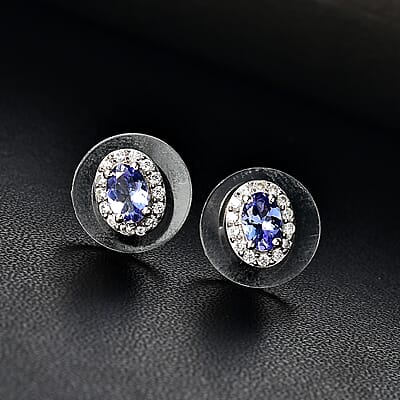 D'Joy Tanzanite and White Zircon 1.15 ctw Solitaire Stud Earring in Rhodium Over Sterling Silver 