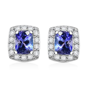Tanzanite and White Zircon 1.20 ctw Solitaire Stud Earring in Rhodium Over Sterling Silver