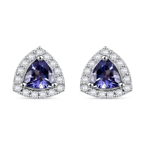 Tanzanite and White Zircon 1.10 ctw Solitaire Stud Earring in Rhodium Over Sterling Silver