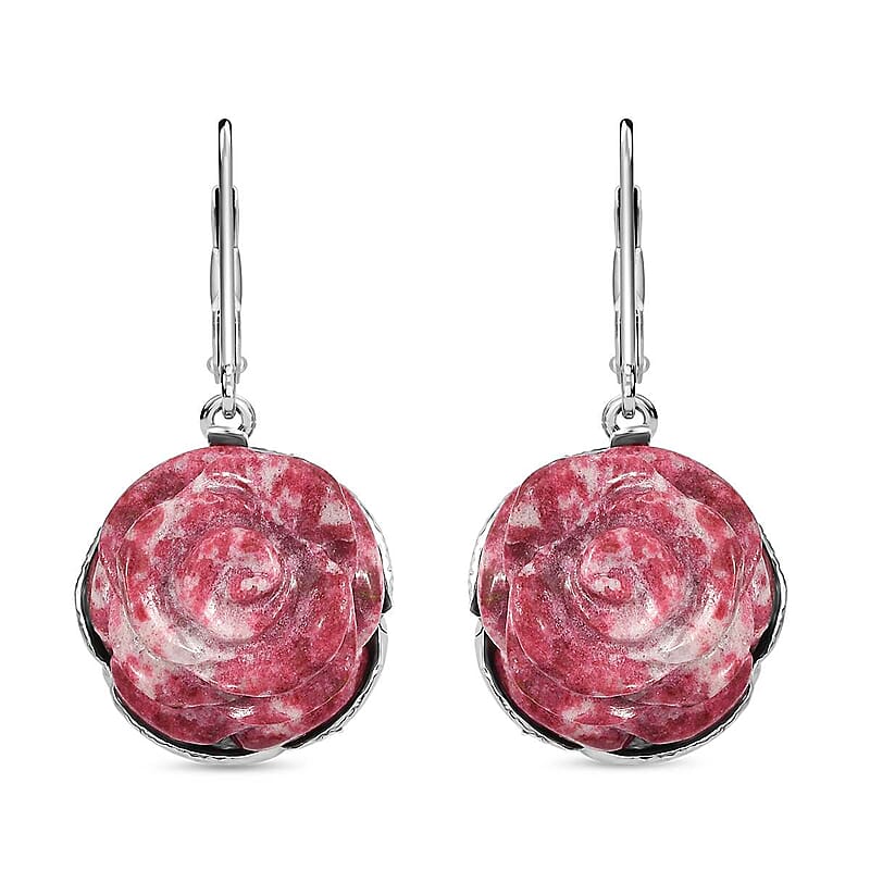 Karis Norwegian Thulite Carved 39.00 ctw Floral Earrings in Platinum Bond