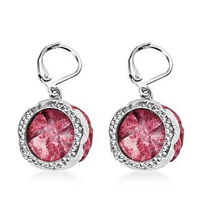 Karis Norwegian Thulite Carved 39.00 ctw Floral Earrings in Platinum Bond