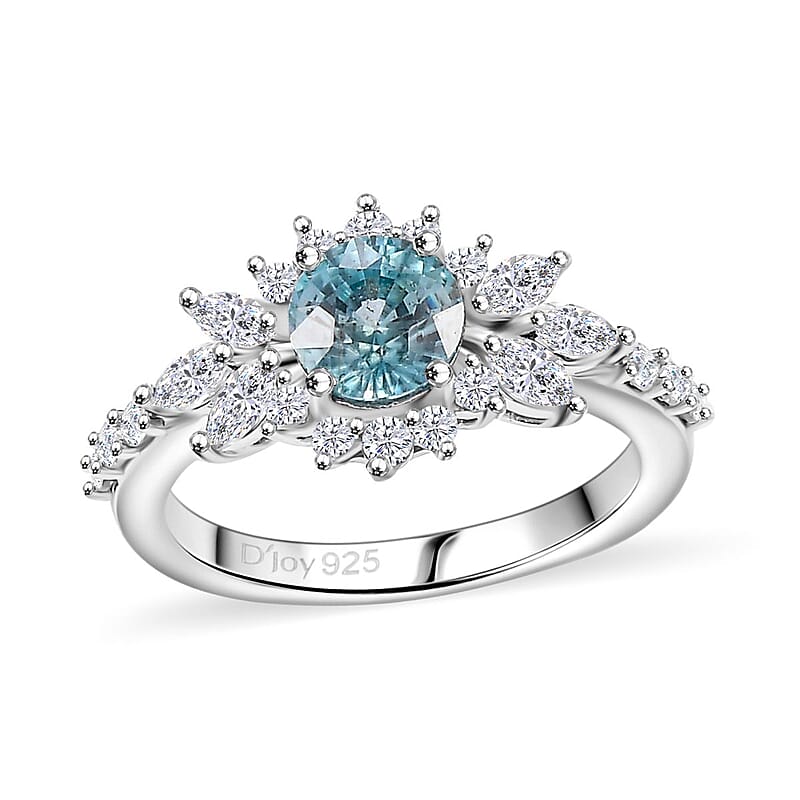 D'Joy Cambodian Blue Zircon and White Zircon 2.25 ctw Ocean Blooming Ring in Rhodium Over Sterling Silver (Size 10.0)