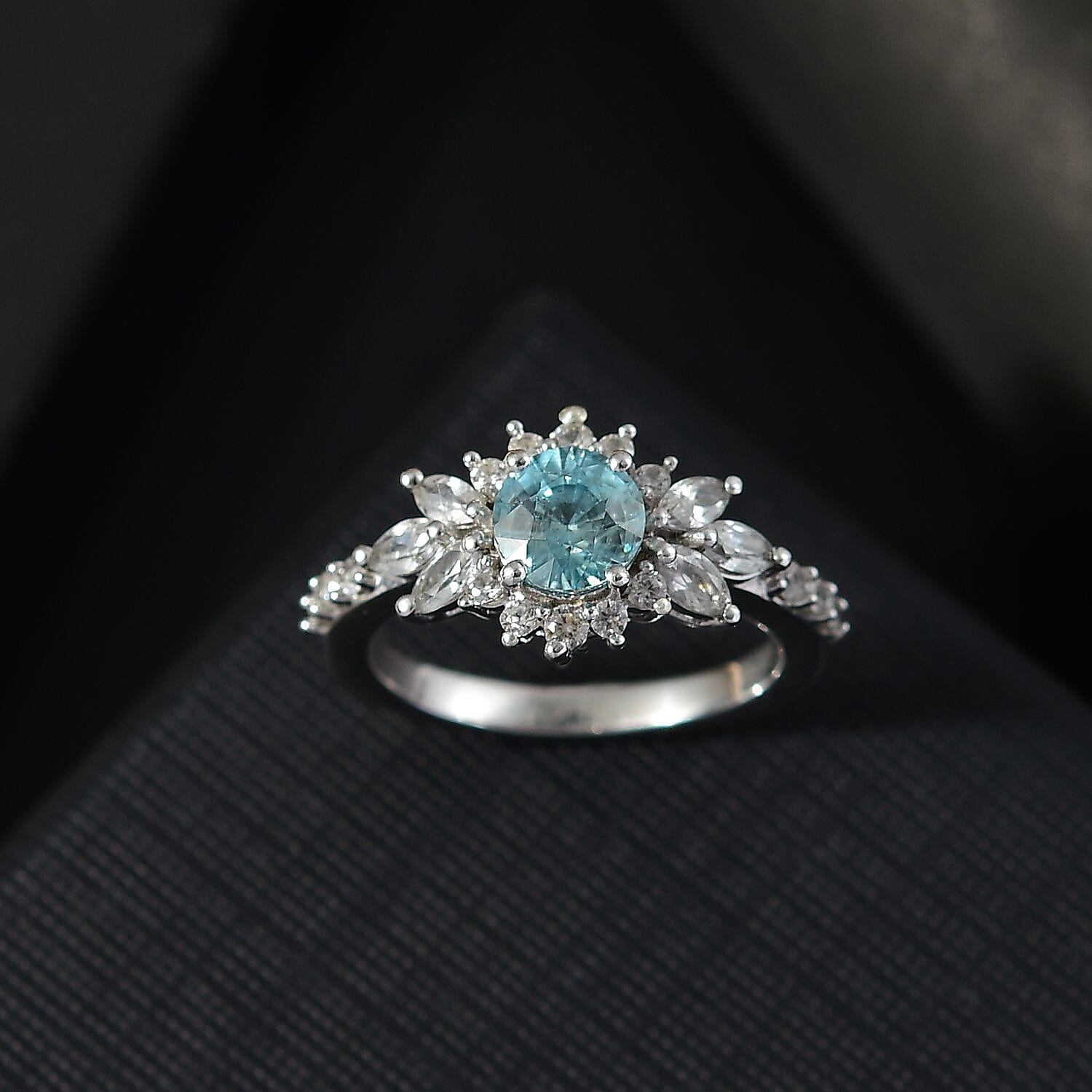 D'Joy Cambodian Blue Zircon and White Zircon 2.25 ctw Ocean Blooming Ring in Rhodium Over Sterling Silver (Size 10.0)