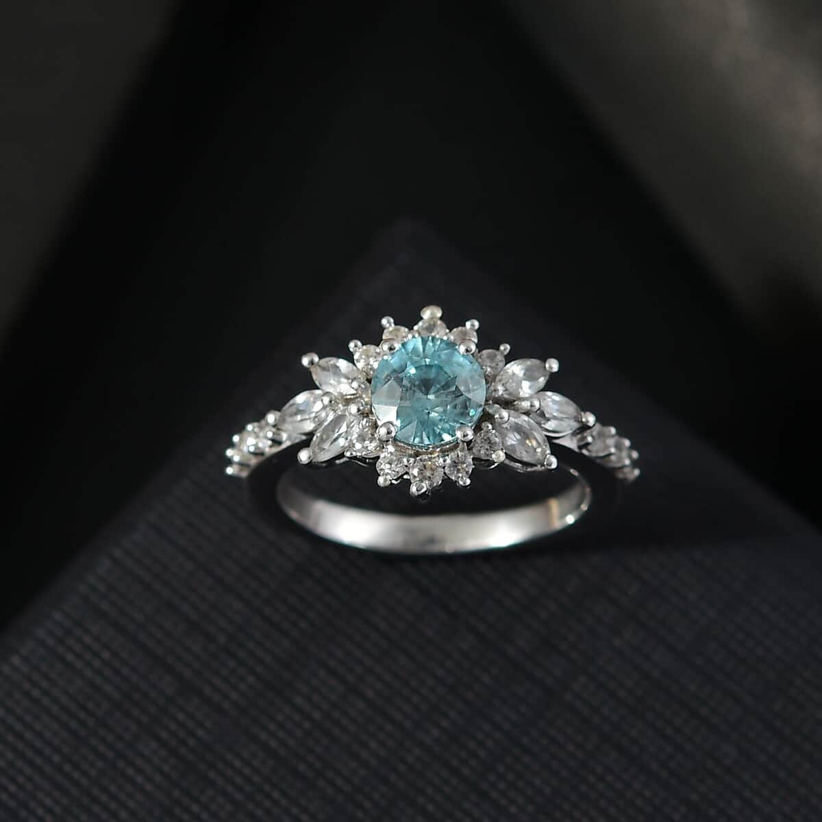 Cambodian Blue Zircon and White Zircon 2.25 ctw Ocean Blooming Ring in Rhodium Over Sterling Silver (Size 10.0) image number 1