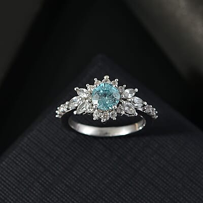 D'Joy Cambodian Blue Zircon and White Zircon 2.25 ctw Ocean Blooming Ring in Rhodium Over Sterling Silver (Size 10.0)