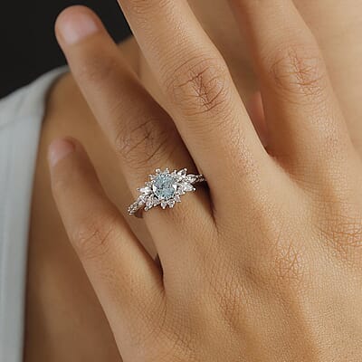 D'Joy Cambodian Blue Zircon and White Zircon 2.25 ctw Ocean Blooming Ring in Rhodium Over Sterling Silver (Size 10.0)