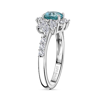 D'Joy Cambodian Blue Zircon and White Zircon 2.25 ctw Ocean Blooming Ring in Rhodium Over Sterling Silver (Size 10.0)
