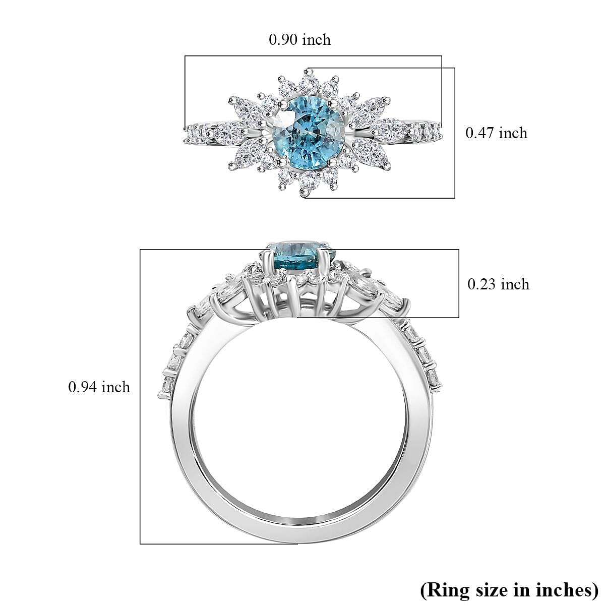 D'Joy Cambodian Blue Zircon and White Zircon 2.25 ctw Ocean Blooming Ring in Rhodium Over Sterling Silver (Size 10.0)